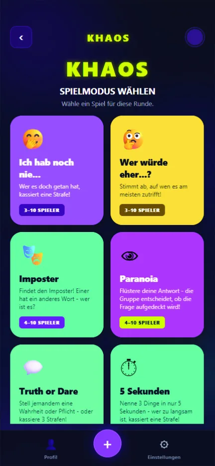 KHAOS — Spielmodus-Auswahl mit allen 8 Modi